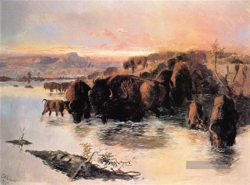 Indianer und Cowboy Werke - die Büffelherde 1895 Charles Marion Russell Indiana Cowboy